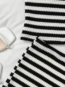SHEIN 2pcs/Set Teen Girls Striped Asymmetric Shoulder Knitted Tank Top And Ultra Low Waist Skinny Shorts, Suitable For Holiday, Party, Christmas, Valentine's Day, Date, Beach, Cruise, Carnival, Easter