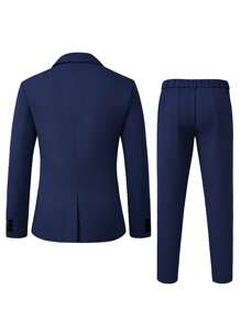 Manfinity Mode Bộ vest nam màu xanh navy trơn thanh lịch, tay dài, vừa vặn cho những dịp trang trọng - Màu xanh hải quân - Xem 2