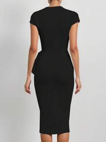 SHEIN Clasi Gaun Wanita Polos Kerah V dengan Hem Model Tulip Berkerut, Panjang Sedang, Elegan - Hitam - View 2