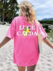 Plus Size Casual Minimalist Design Round Neck Short Sleeve T-Shirt, Plus Size,Lemon Pattern,Summer Clothes - Hot Pink - View 2