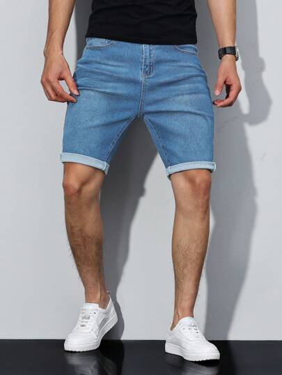Manfinity Homme 男士纯色休闲牛仔短裤 男士休闲短裤 浅色水洗牛仔短裤