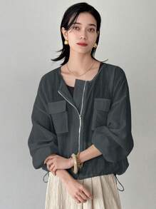 FRIFUL 女士白色宽松夹克，圆领，长袖，薄亚麻面料，春夏季 - 灰色 - 查看 3