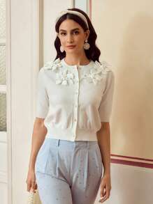 ZEYLAH Elegant 3D Floral Decor Crew Neck Cardigan Top - White - View 4
