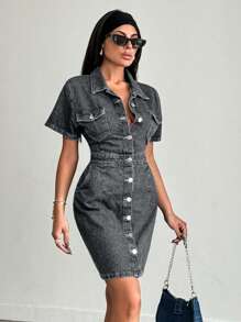 EURMUSE Women's Fashion Casual Button Light Wash Denim Dress - Light Grey - View 5