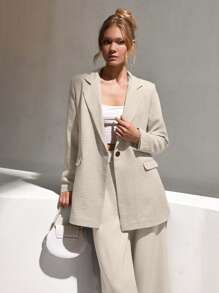 CLARA VERO Blazer de lino con un solo botón oversize, chaqueta ligera y entallada, ropa exterior casual de oficina, estilo primavera-verano