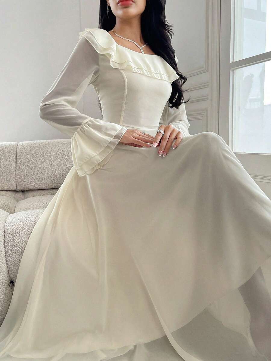 Modelyn Women Elegant Solid Color Flare Sleeve Ruffle Hem Dress, Autumn Maxi Women Outfit Long Evening Dresses Fall Cloth For Women - Apricot - View 1