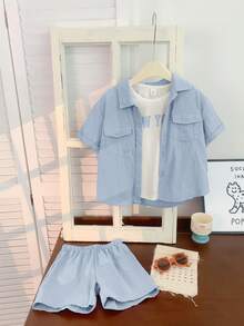 SHEIN 3 件套男童纯色 Polo 领短袖开衫、字母印花针织柔软圆领无袖背心和松紧腰短裤 - 藍色 - 查看 3