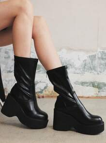 Sugerpunk Women's Thick Sole Chunky Heel Matte Black Punk Style Mid-Calf Boots, Gothic Fashion, Minimalist Design, Comfort, Elegant Round Toe, Back Zipper, Slip-On Combat Rider Boots - Black - View 6