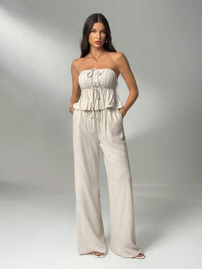 SHEIN Tall 2pcs Women Summer Casual Solid Color Camisole Top And Long Pants Set