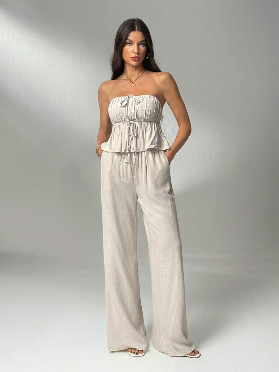 SHEIN Tall 2件套女士夏季休闲纯色吊带背心和长裤套装 - 米色 - 查看 1