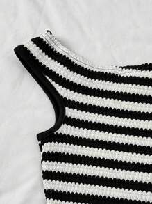 SHEIN 2pcs/Set Teen Girls Striped Asymmetric Shoulder Knitted Tank Top And Ultra Low Waist Skinny Shorts, Suitable For Holiday, Party, Christmas, Valentine's Day, Date, Beach, Cruise, Carnival, Easter