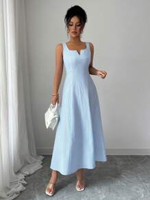 Elenzga 女士条纹方领无袖长裙 - 藍白色 - 查看 4