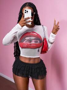 Slaydiva 2025 Spring-Summer New Music Festival, Easter, Western, Nomadic, Birthday Party, Graduation, Student, Daily Wear, Basic, Casual, Vacation, Cruise, Beach, Sunbathing, Popular, Simple Casual, Streetwear, Lip Print Women's T-Shirt + Tulle Skirt 2 Pieces Set - White - View 7