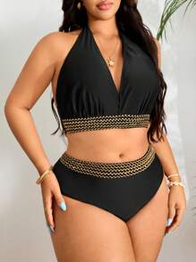 Swim Vcay Plus Size Women 2pcs Solid Color Thick Strap Crochet Top & Triangle Brief Black Bikini Swimsuit Set For Summer Beach Vacation - Black - View 3