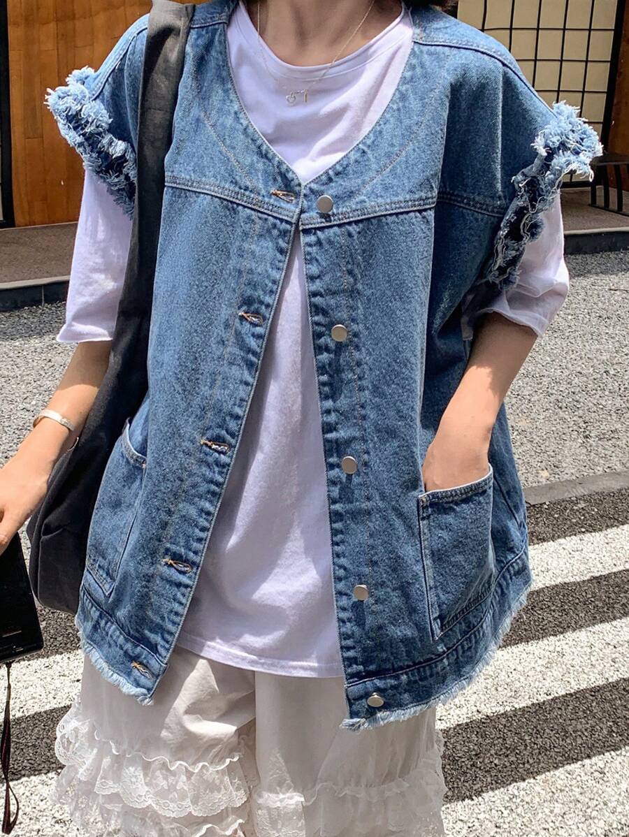 FRIFUL 女式夏季单排扣流苏口袋设计休闲牛仔衬衫 - 藍色 - 查看 1