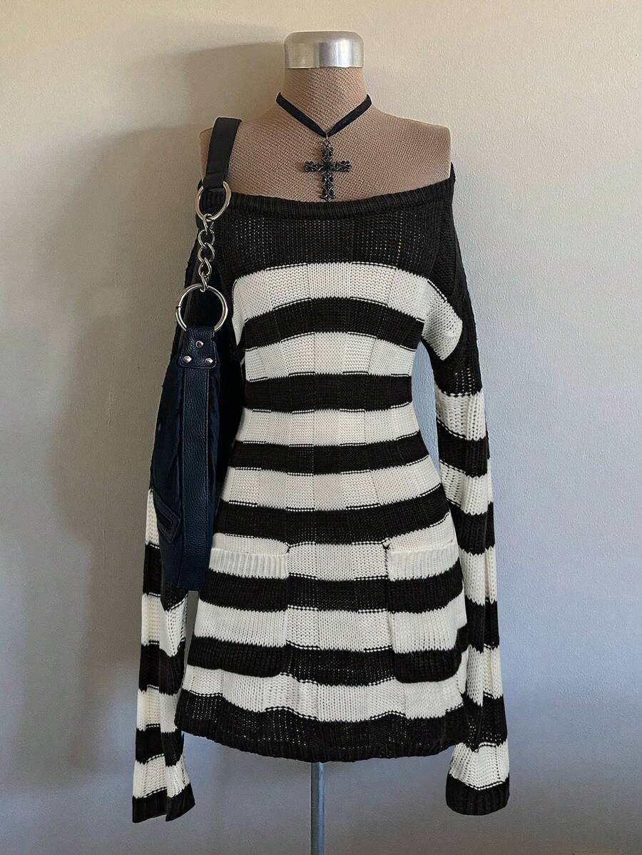 Sweetra Plus Size Women's Loose Casual Comfortable Striped Double Pockets Long Sleeve Sweater Dress  Vintage Fall Winter Cloth For Women Autumn - Black and White - View 1