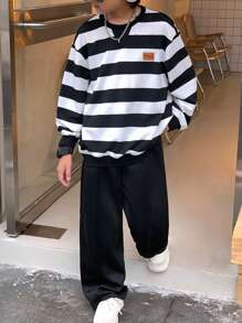 SHEIN 2pcs/Set Tween Boy Casual Korean Style Loose Striped Crew Neck Long Sleeve Sweatshirt And Pants Set, Suitable For Commuting, School, Daily Casual Wear, Sports, Autumn/Winter, Back To School Season Fall