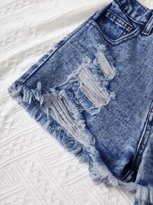 SHEIN Tween Girl Y2K 春夏假期水洗高腰破洞毛边牛仔短裤，毛边下摆，夏季海滩波西米亚风度假短裤，夏季音乐会节日休闲狂欢，女孩夏季早午餐毕业 - 中等水洗藍 - 查看 3