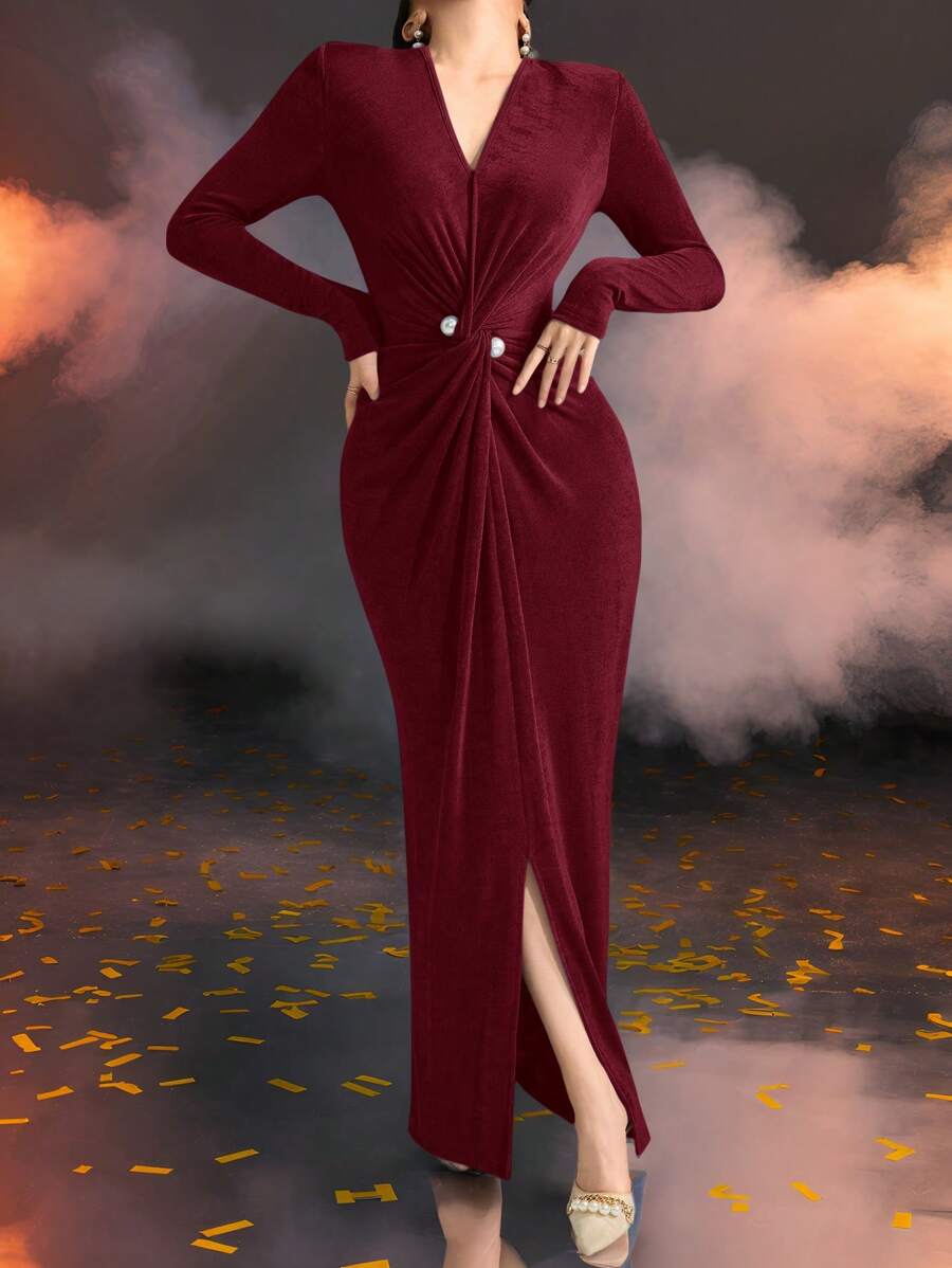 Modelyn Vestido elegante de color liso con cuello en V, manga larga, drapeado y dobladillo cruzado para mujer - Burdeos - Ver 1