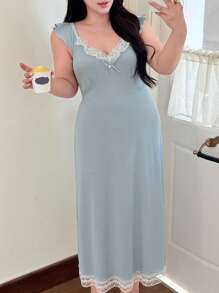 Dazy Plus Contrast Lace Elastic Fitted Long Nightgown Pajama - Baby Blue - View 5
