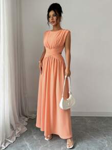 Selianne Vestido longo feminino elegante, simples, de alta qualidade, cor sólida, sem mangas, vintage, com cintura vazada, torcido, plissado, linha A, adequado para escritório, deslocamento, praia, férias, festival de música, primavera/verão