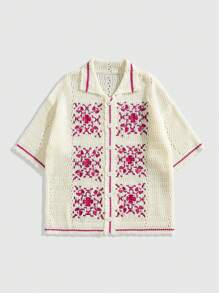 ROMWE MEN Street Life Vacation Men's Embroidered Pattern Loose Knitted Shirt, Knitted Short Sleeve Top - Red - View 1