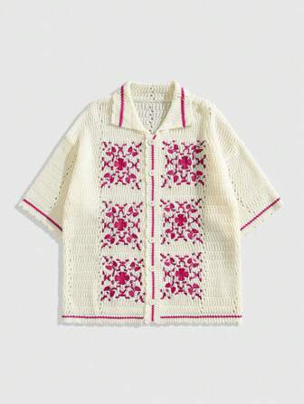 Street Life Camisa holgada de punto con patrón bordado para hombres, top de manga corta de punto