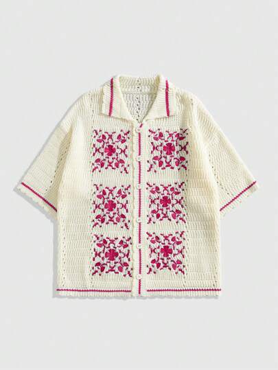 Street Life Camisa holgada de punto con patrón bordado para hombres, top de manga corta de punto