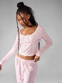 MISSGUIDED Bộ đồ ngủ tay dài in hoa ấm áp, đồ mặc ở nhà, đồ ngủ thoải mái, thoáng khí, mặc ban đêm, quần áo mặc nhà mùa thu - Hồng - Xem 5