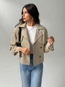 SHEIN Tall Beige Button-Down Drawstring Trench Coat Women's In Fall/Winter