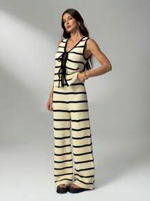 SHEIN Tall 黑白条纹女毛衣两件套系带背心+毛线裤两件套，居家通勤百搭 - 黑與白 - 查看 4