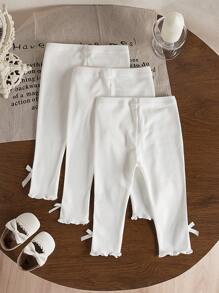 SHEIN Vintaside Kids 三件套纯白色女童打底裤，带蝴蝶结装饰。春、秋、夏新品现已上市。舒适、时尚、甜美、可爱、简约，是日常穿着的必备单品。秋冬季也适用。 - 白色 - 查看 2