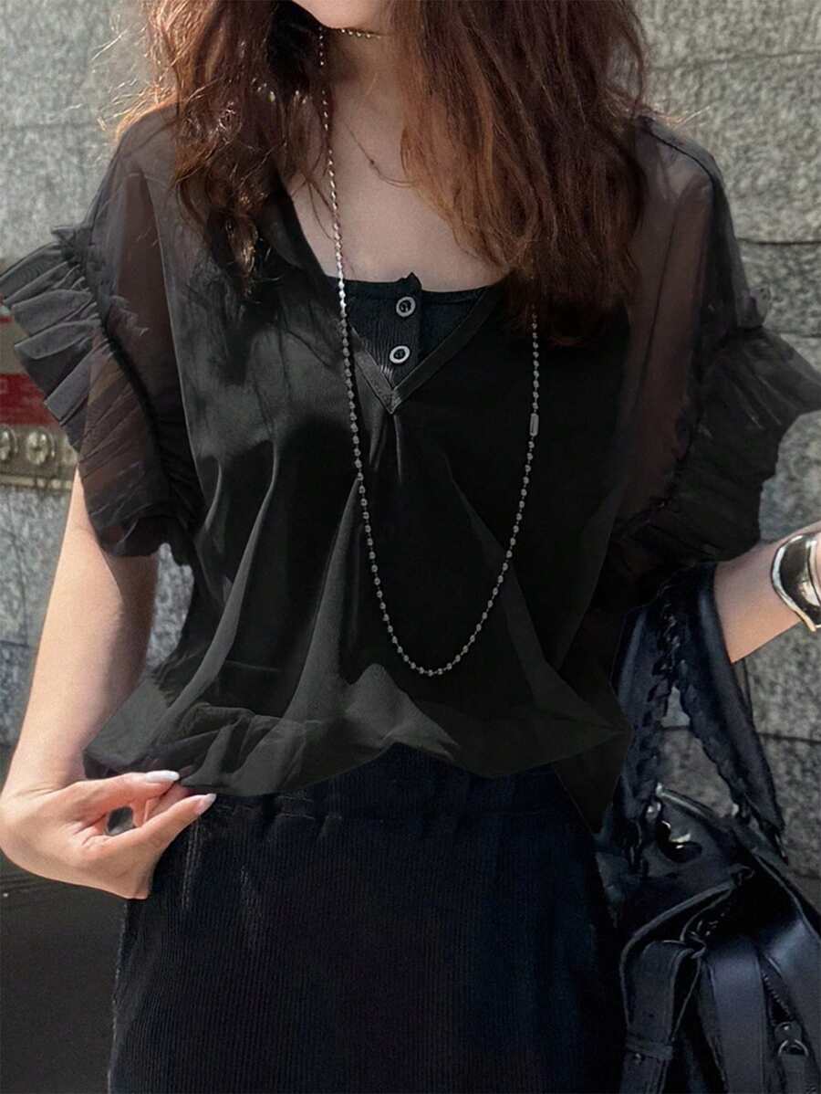 FRIFUL 女式宽松雪纺荷叶边休闲衬衫，夏季海滩度假装