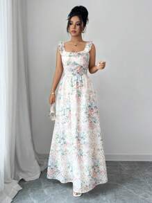 Elenzga Elegant Charming Floral Print Strap Waist Cinched Luxury Maxi Dress - Multicolor - View 4
