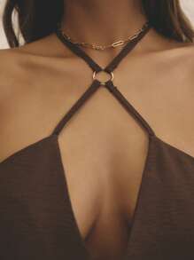 Aralina Halter Neck Crossover Strap Minimalist Silhouette Lightweight Fabric Vacation Women Top - Coffee Brown - View 8