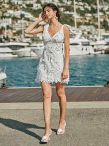 Enchnt 春夏浪漫女装优雅白色花卉刺绣蕾丝肩带无袖迷你连衣裙，甜美优雅性感连衣裙，适合婚礼季、节日、度假、甜蜜约会和毕业季，女士夏季服装，音乐会服装女士 - 白色 - 查看 5