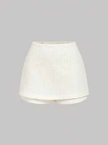 SHEIN MOD Falda de tweed beige de cintura alta elegante para mujer, para conciertos, fiestas, elegante, retro, vintage, boda, invitada de cumpleaños, falda pantalón de cintura alta