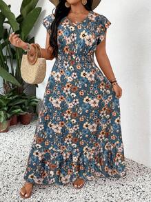 SHEIN LUNE Plus Size Women V-Neck Allover Print Simple Long Casual Dress Bohemian Summer Boho Old Money Summer Outfits For Women Spring Break Rave Outfits Festival Spring Break Outfits Look São João São João São João 2025 Midsummer Day Outfit Graduation Dress Wedding Guest Dress Women Vacation Outfits Woman Beach Outfits For Woman Festival Sundress Birthday Dresses For Women Summer Long Dress Long Floral Dress Women Casual Long Dress Short Sleeve Maxi Dress Women Vacation Dress,Maxi Dress