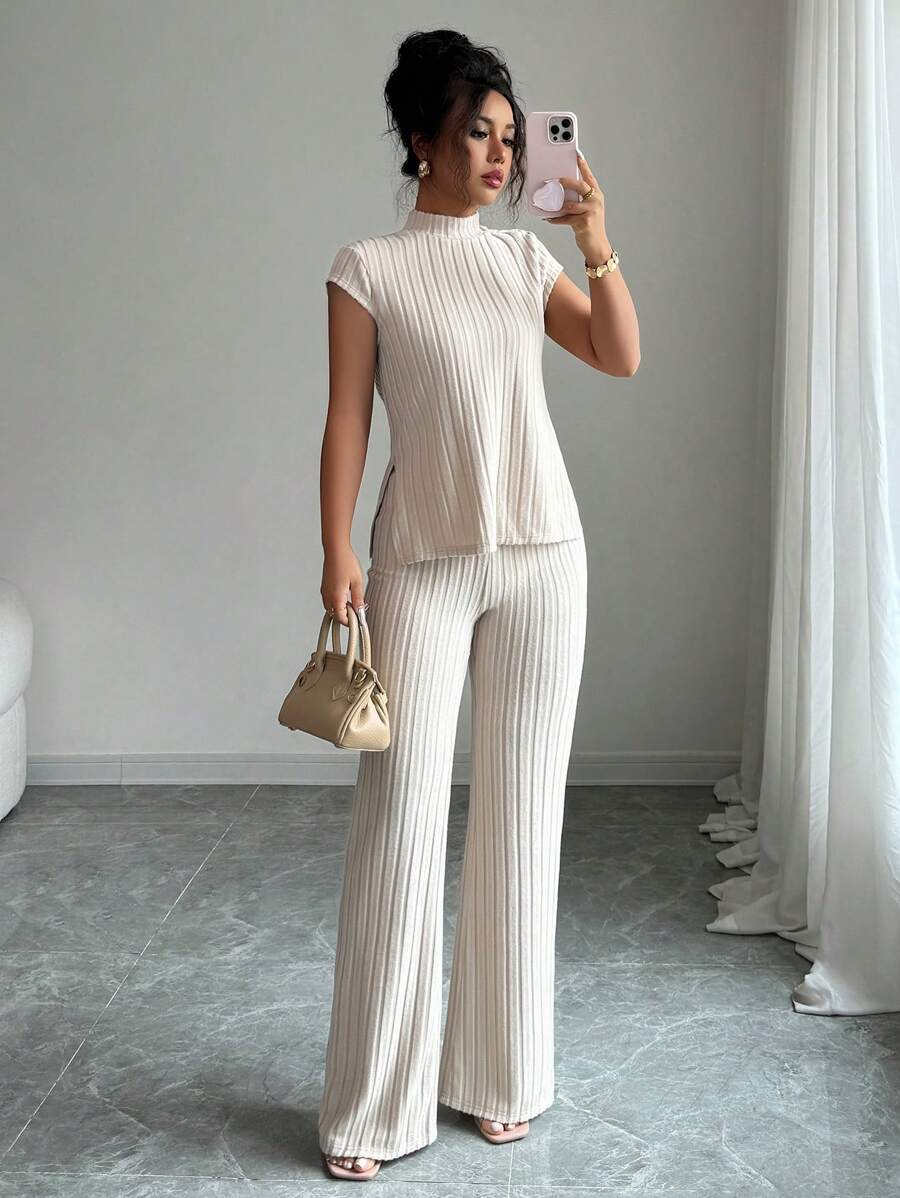 Elenzga 2Pcs Casual Elegant Set: Short Sleeve Ribbed Top & Pants - Apricot - View 1