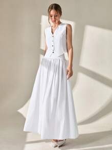 CLARA VERO Set de 2 piezas, top de chaleco con botones delanteros y falda larga de corte evasé, estilo elegante y casual para mujer