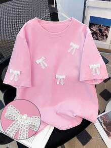 SHEIN 优雅蝴蝶结细节设计大码女式短袖圆领T恤 - 粉色 - 查看 1