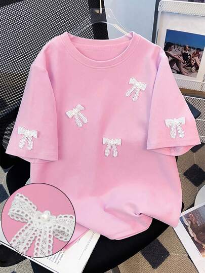 SHEIN Tricou elegant cu detaliu de fundă, mărime mare, pentru femei, cu mânecă scurtă și guler rotund