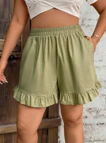 INAWLY Quần short cạp chun màu trơn cỡ lớn có viền xếp nếp, túi xéo, mùa hè - màu xanh lá - Xem 6