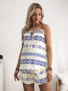 SHEIN 加大码波西米亚假日几何印花孕妇吊带背心和短裤套装，2 件 - 彩色 - 查看 3