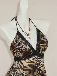 SHEIN ICON Áo ba lỗ lưới chắp vá họa tiết động vật bất đối xứng hở lưng cho nữ - Nhiều màu - Xem 7