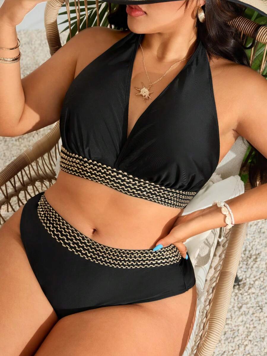 Swim Vcay Plus Size Women 2pcs Solid Color Thick Strap Crochet Top & Triangle Brief Black Bikini Swimsuit Set For Summer Beach Vacation - Black - View 1