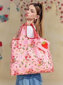 Strawberry Shortcake X SHEIN Sac fourre-tout pliable de shopping à bloc de couleurs avec personnage de dessin animé mignon et impression de fraise, et joli porte-monnaie