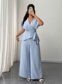 Elenzga Ensemble 2 pièces pour femmes grandes tailles, chemise élégante et décontractée de bureau simple avec col en V, manches à volants et taille cintrée, et pantalon à jambes larges avec taille élastique - Bleu azur - Voir 5