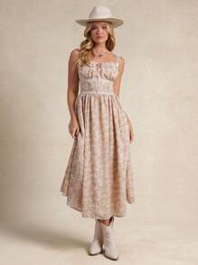 花卉印花雪纺和孔眼缎带方领锁孔镂空蝴蝶结前部修身喇叭形分层长裙夏季波西米亚牛仔女郎海滩度假纳什维尔乡村西部音乐会服装 - 棕色 - 查看 5