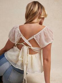 WESTFADE 格纹雪纺方领短款泡泡袖露背娃娃装上衣夏季纳什维尔度假乡村西部牛仔女牛仔音乐会 - 米色 - 查看 2